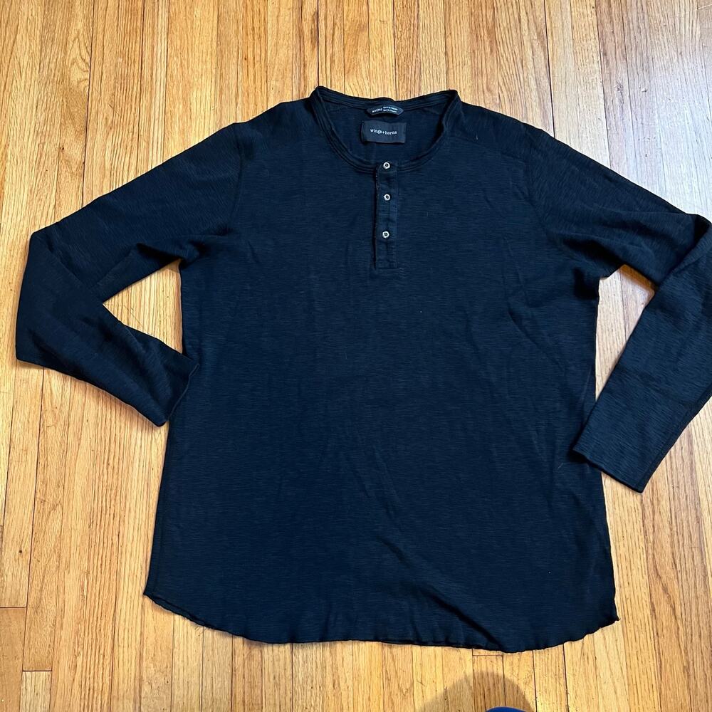 Wings + Horns Shirt Mens XXL Henley Long Sleeve Black